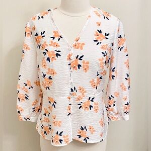 Liz Claiborne White Black Orange Floral S Boho Cottagecore Romantic Peplum Top